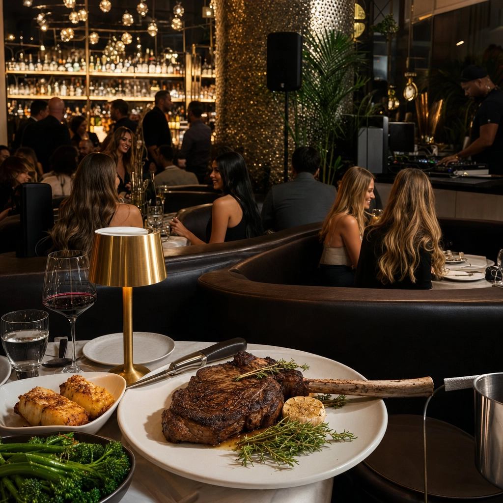 STK High Energy Steakhouse Lounge – Personal Sedan Services Curved leather booths and moody lighting in a high-energy Las Vegas steakhouse lounge with a tomahawk steak