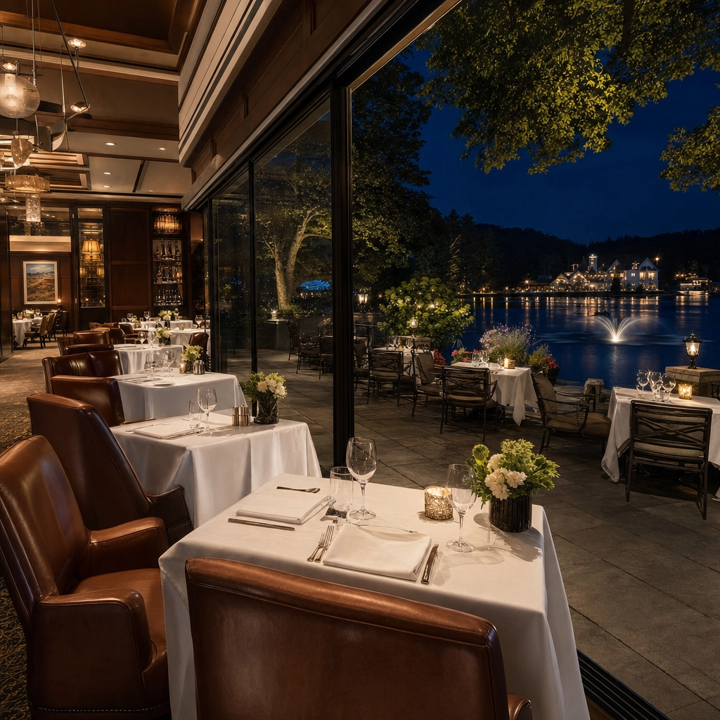 SW Steakhouse Lakeside Patio At Night – Personal Sedan Services Elegant Las Vegas resort steakhouse with a lakeside patio overlooking a lit water feature at night