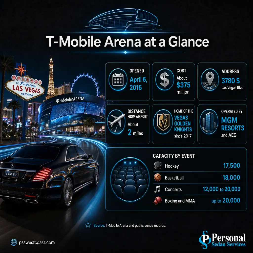 T-Mobile Arena At A Glance Facts And Capacity – Personal Sedan Services Infographic of T-Mobile Arena facts: opened 2016, capacity by event, address, and Vegas Golden Knights home
