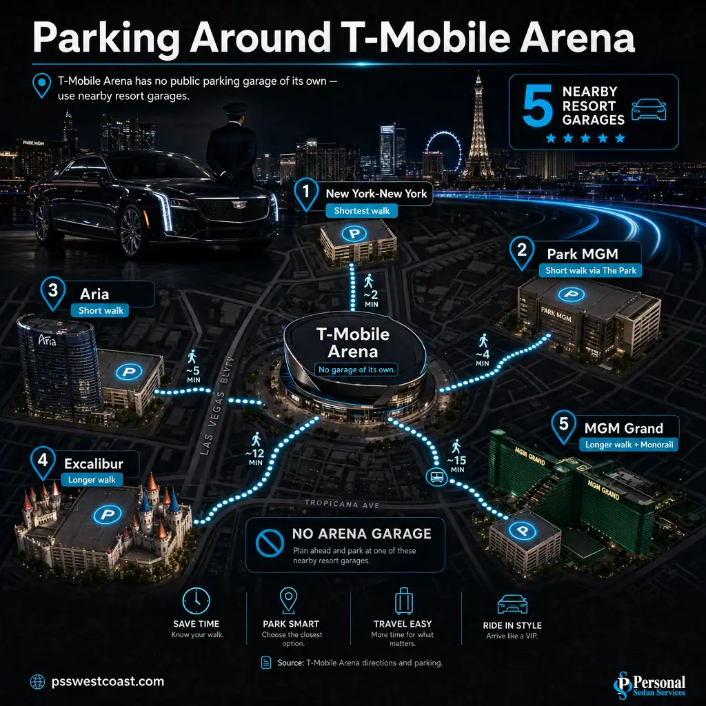 T-Mobile Arena Parking Map Of Surrounding Resort Garages – Personal Sedan Services Map infographic of T-Mobile Arena ringed by New York-New York, Park MGM, Aria, Excalibur, and MGM Grand garages