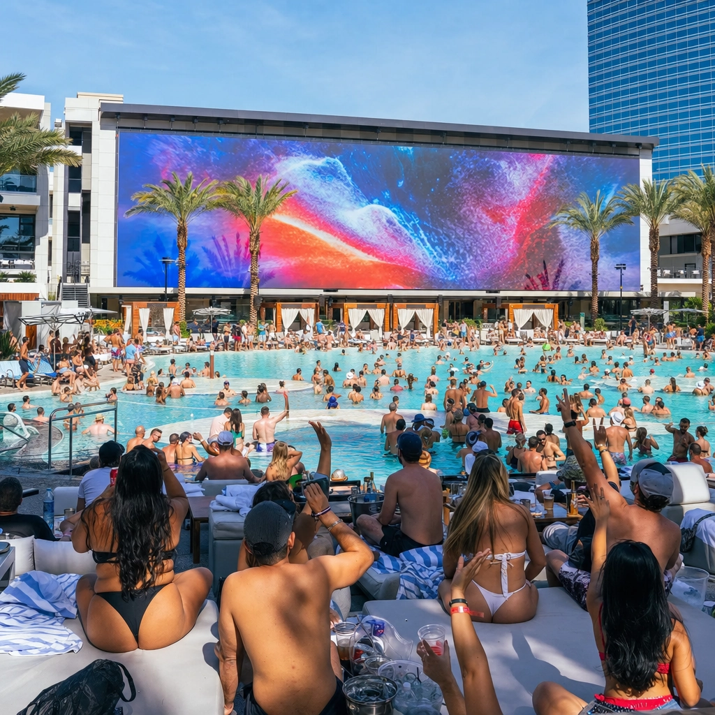 Tailgate Beach Club Las Vegas Sports Pool Party – Personal Sedan Services Las Vegas sports pool party with a giant wall-to-wall LED screen, pools and a daytime crowd at Mandalay Bay