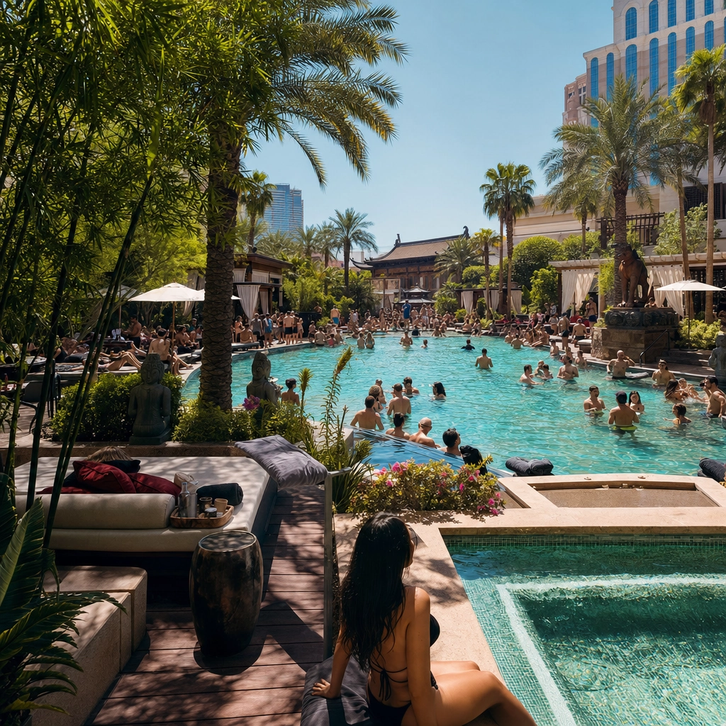 Tao Beach Dayclub Las Vegas Venetian Pool – Personal Sedan Services Asian-inspired Las Vegas dayclub pool with lush landscaping, private cabanas and a daytime crowd at The Venetian