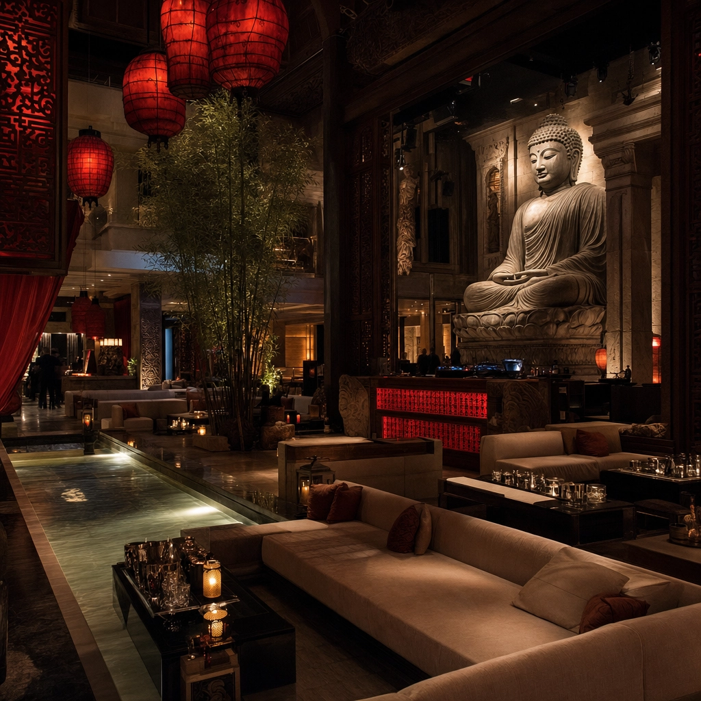Tao Nightclub Venetian Temple Interior With Buddha – Personal Sedan Services Asian-inspired Las Vegas nightclub interior with a large Buddha, red lantern light, and temple details at Tao