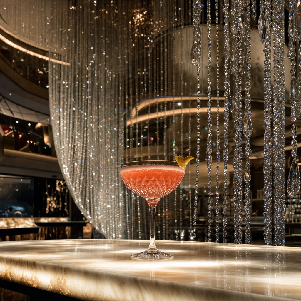 The Chandelier Crystal Bar Cosmopolitan – Personal Sedan Services Sparkling cocktail on a lit bar inside a multi-level bar draped in crystals