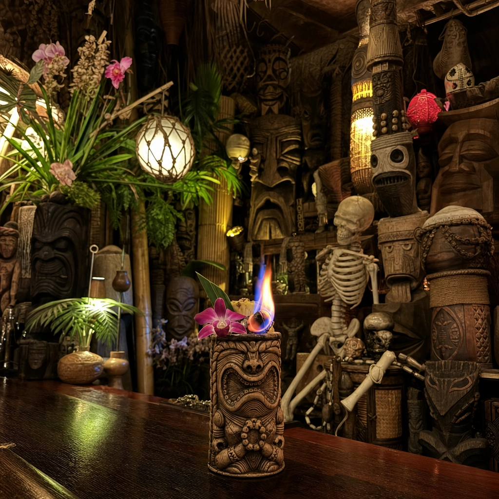 The Golden Tiki Temple Cocktail – Personal Sedan Services Flaming tiki cocktail in a carved mug inside an over-the-top carved tiki temple