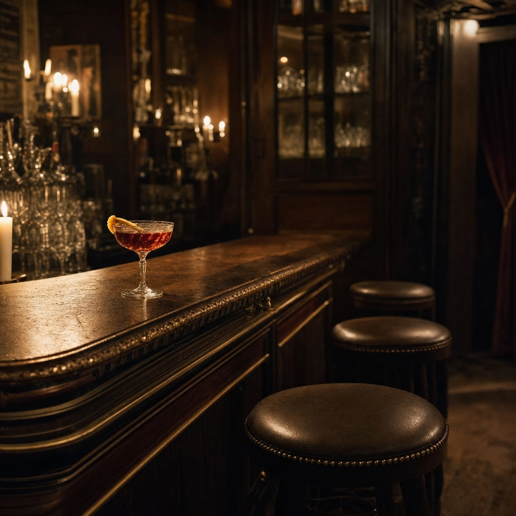 The Laundry Room Hidden Speakeasy – Personal Sedan Services Single bespoke cocktail on a candlelit bar in an intimate hidden Las Vegas speakeasy