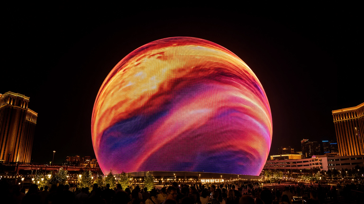 The Sphere Las Vegas Exterior At Night – Personal Sedan Services The spherical Las Vegas venue glowing like a giant orb at night, host to major 2026 residencies