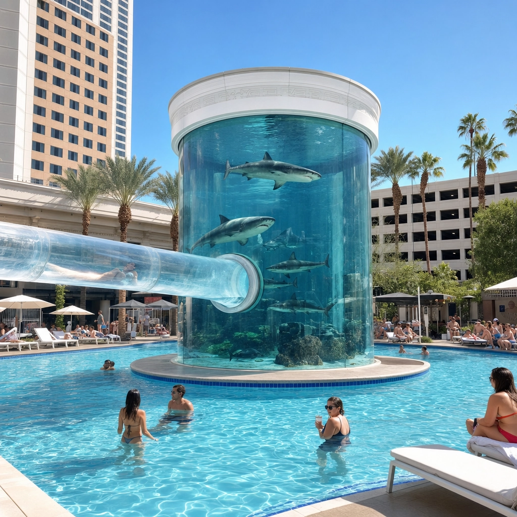 The Tank Shark-Tank Waterslide At Golden Nugget – Personal Sedan Services Clear waterslide passing through the 200,000-gallon shark tank at Golden Nugget Las Vegas
