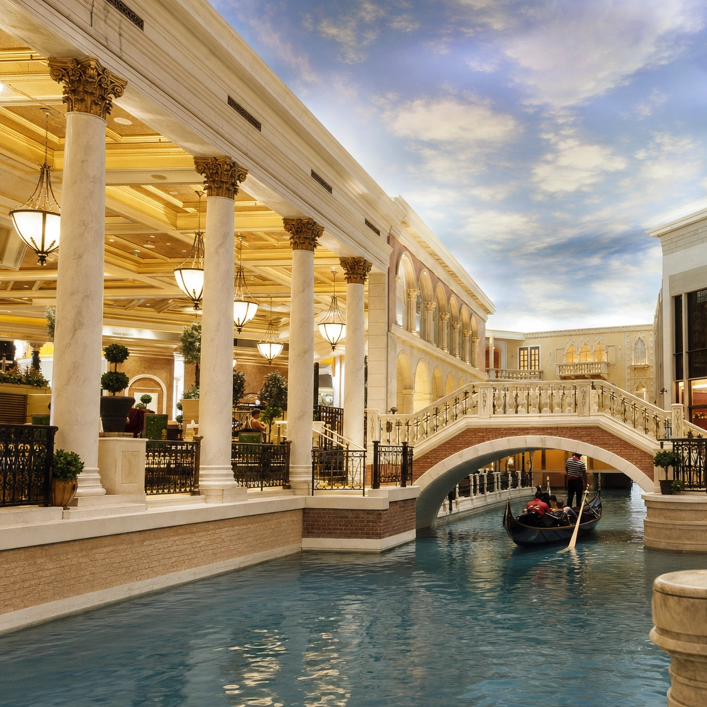 The Venetian Grand Canal And Italian Grandeur – Personal Sedan Services Indoor canal with a gondola under an arched bridge in an opulent Italian-themed Las Vegas resort, representing The Venetian