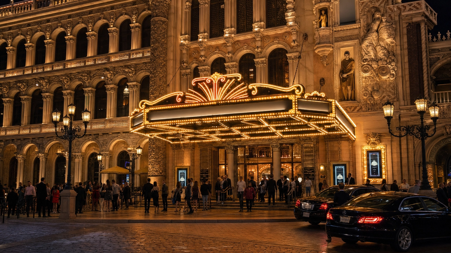 The Venetian Theater Marquee At Night – Personal Sedan Services Ornate Las Vegas resort theater marquee glowing at night with guests arriving for a rock residency