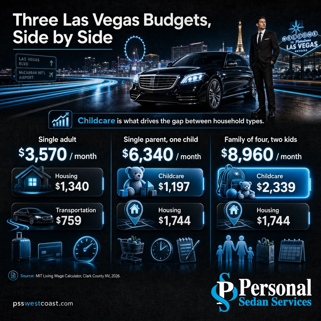 Infographic comparing monthly Las Vegas budgets for a single adult, single parent, and family of four