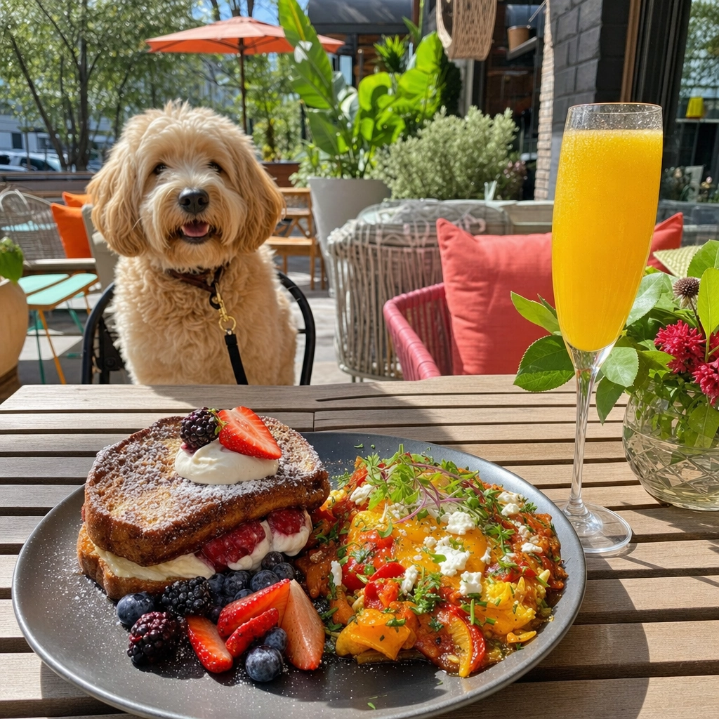 Toasted Gastrobrunch Creative Brunch Bottomless Mimosas – Personal Sedan Services Creative stuffed French toast and a mimosa on a sunny patio at Toasted Gastrobrunch in Las Vegas