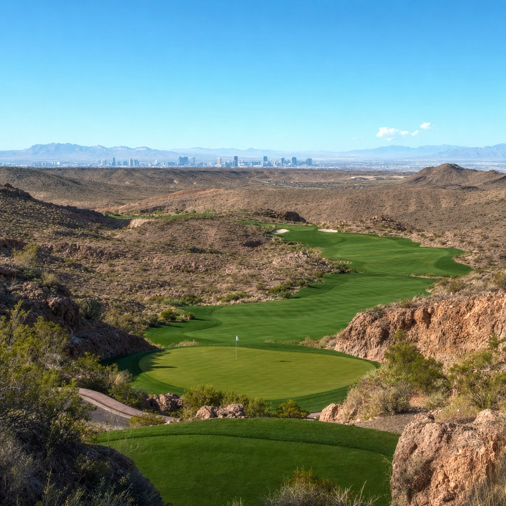 TPC Las Vegas Canyon Tour Course Summerlin – Personal Sedan Services TPC Las Vegas fairway threading through desert canyons in Summerlin with mountains behind