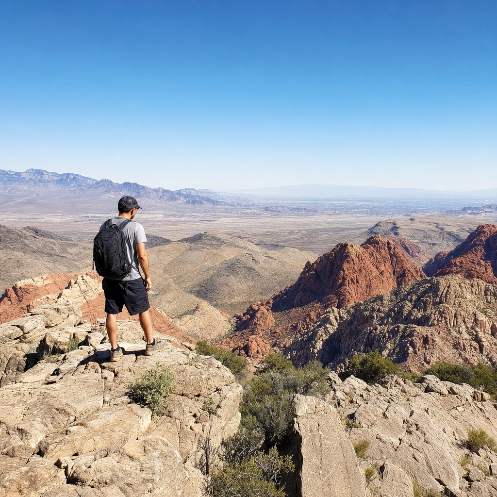 Turtlehead Peak Summit Red Rock – Personal Sedan Services Hiker on the rocky Turtlehead Peak summit overlooking the Red Rock Canyon valley near Las Vegas