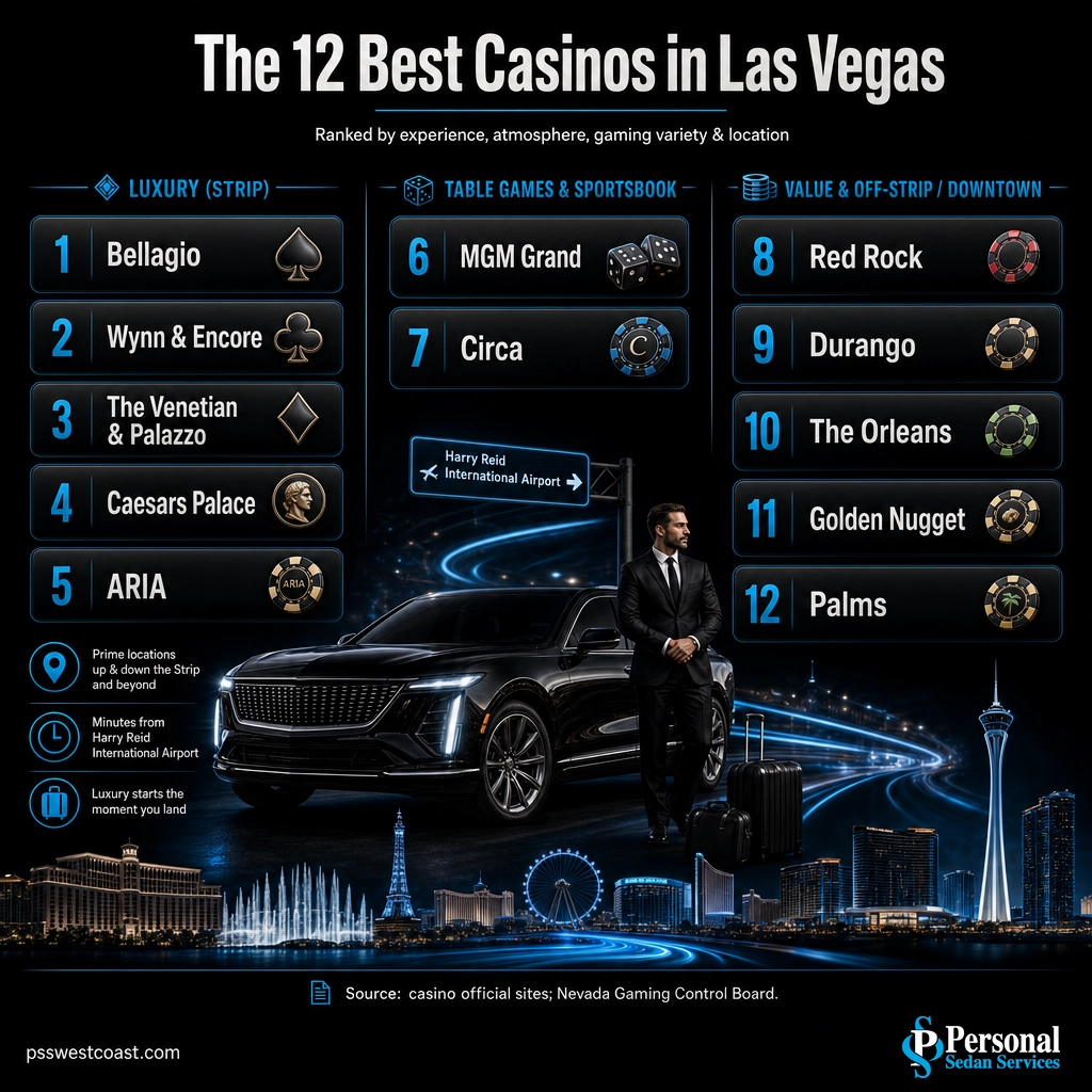 Infographic grouping the 12 best Las Vegas casinos into luxury, classic Strip, off-Strip value, and downtown categories