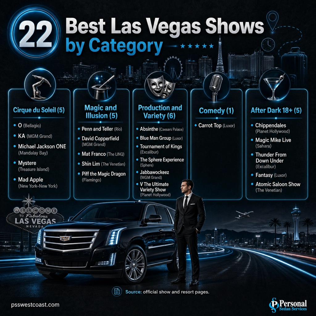 Twenty Two Best Las Vegas Shows Grouped By Category And Venue – Personal Sedan Services Infographic grouping the 22 best Las Vegas shows into Cirque, magic, variety, comedy, and adult categories with venues