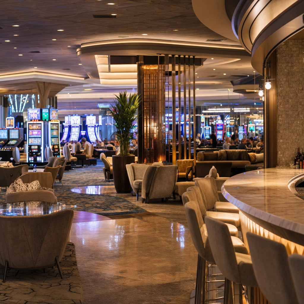 Modern, stylish off-Strip Las Vegas casino floor with sleek bars and warm and cool accent lighting