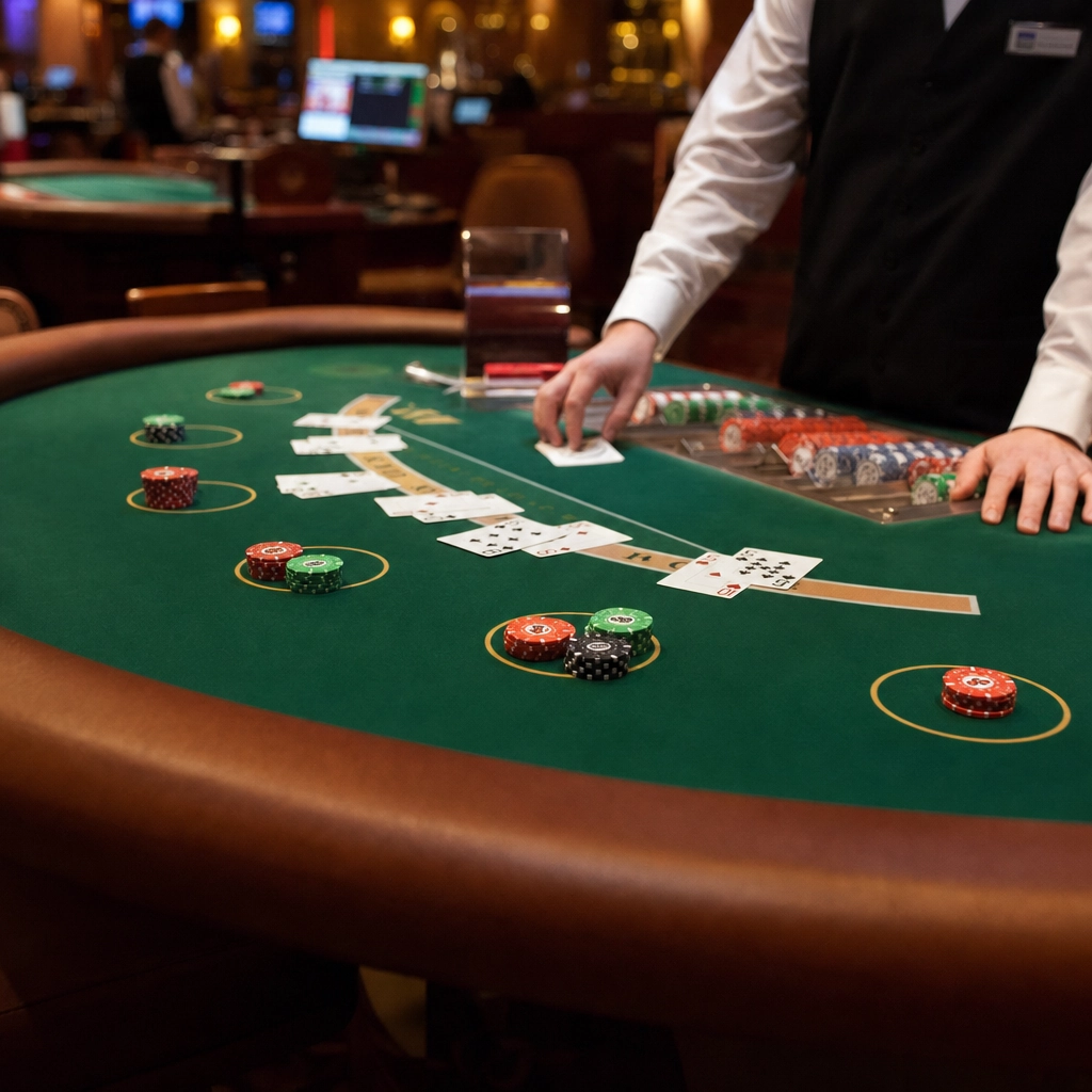 Elegant Las Vegas casino table-games floor with blackjack and roulette tables under warm lighting