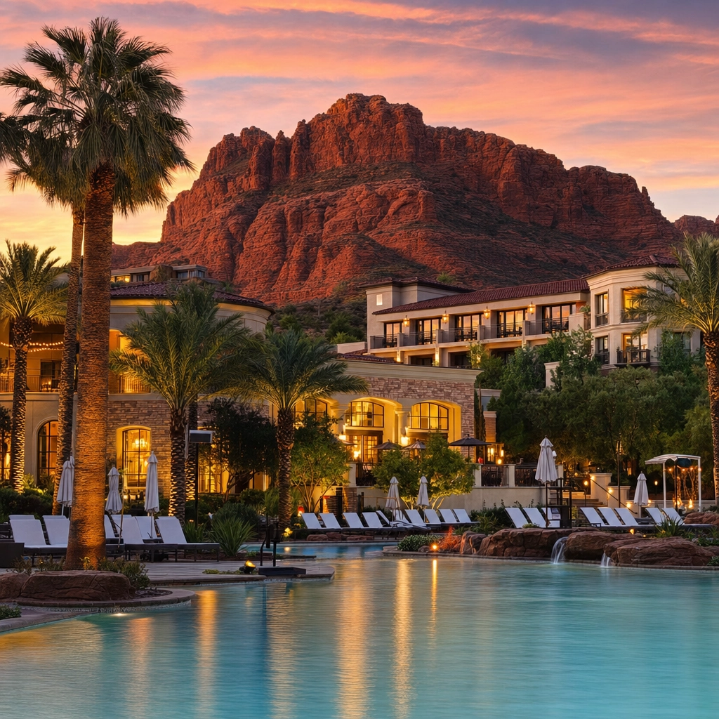 Off-Strip Las Vegas resort casino glowing at dusk with palm trees and red rock desert mountains behind