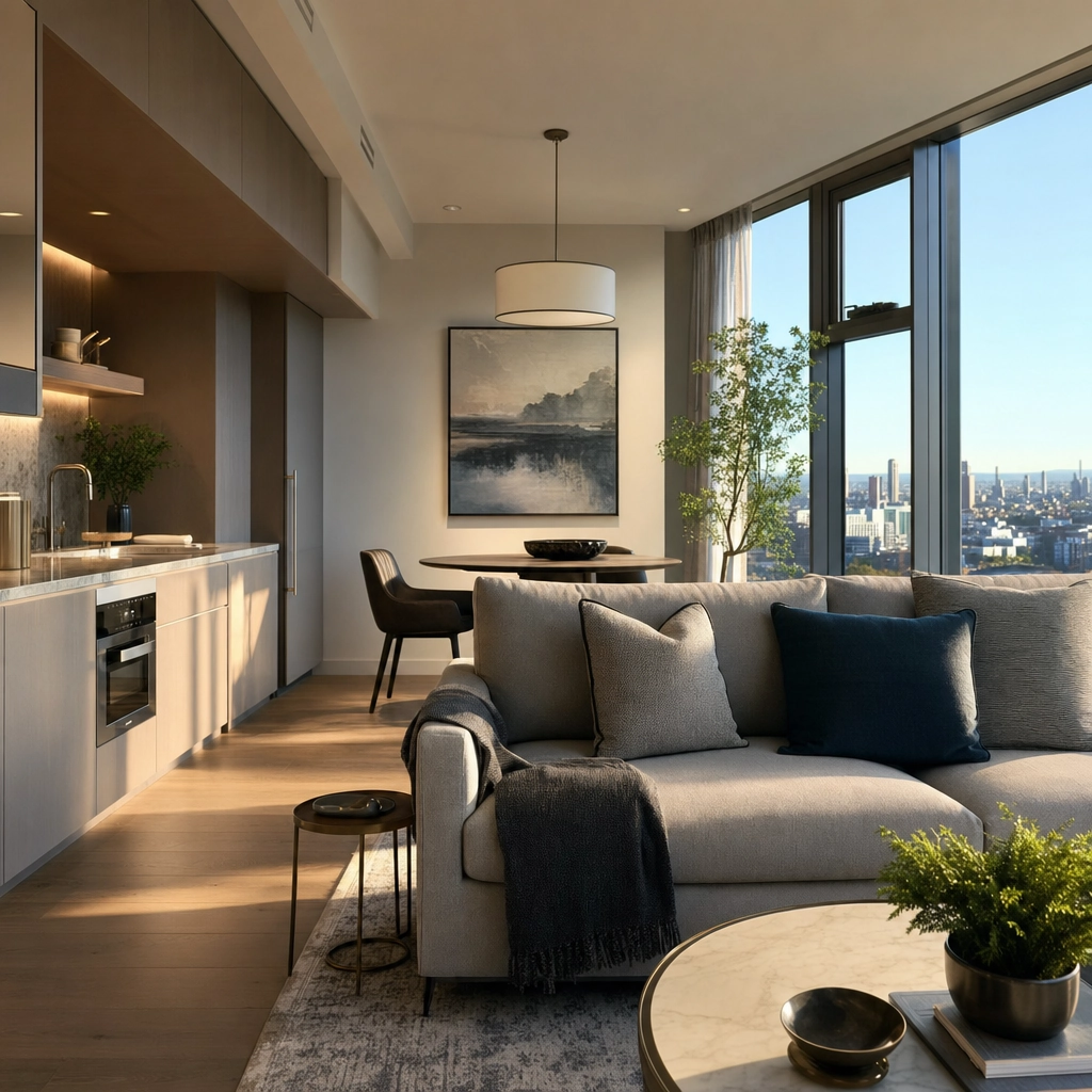 Vdara All-Suite Non-Gaming Living Area – Personal Sedan Services Calm apartment-style all-suite living area with a kitchenette and CityCenter view, representing Vdara Hotel and Spa