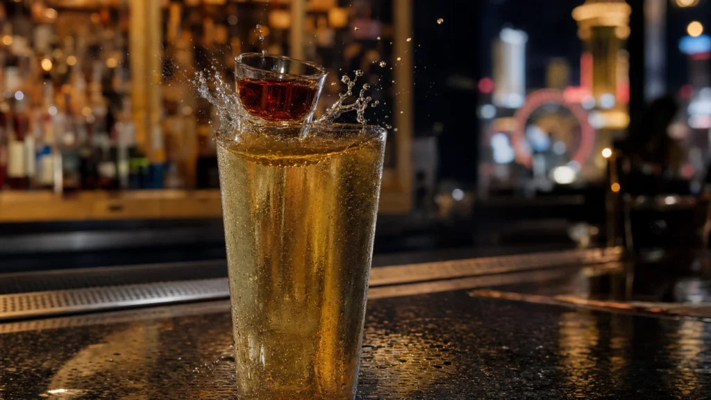 A Vegas Bomb shot glass dropping into a glass of energy drink at a Las Vegas bar at night
