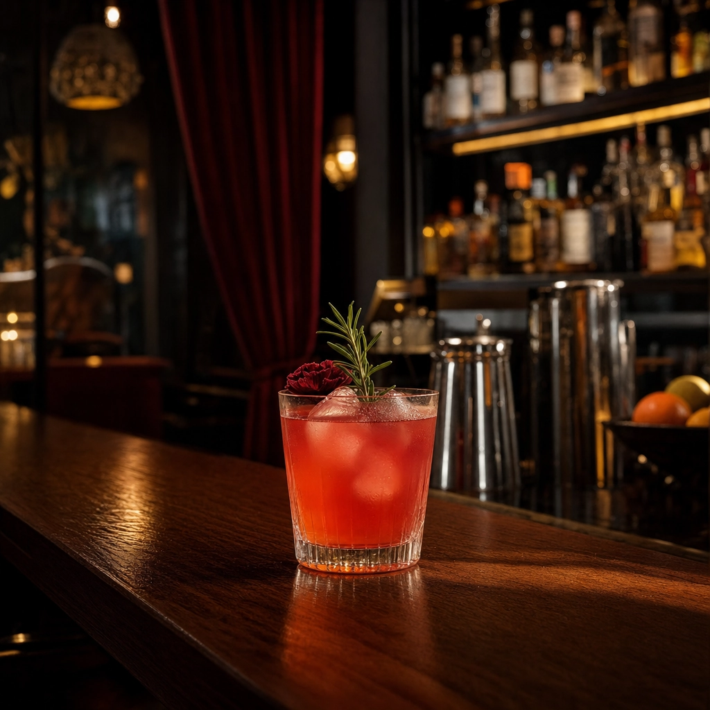 Velveteen Rabbit Craft Cocktail Arts District – Personal Sedan Services Colorful craft cocktail on a wood bar in a moody velvet-draped Arts District bar