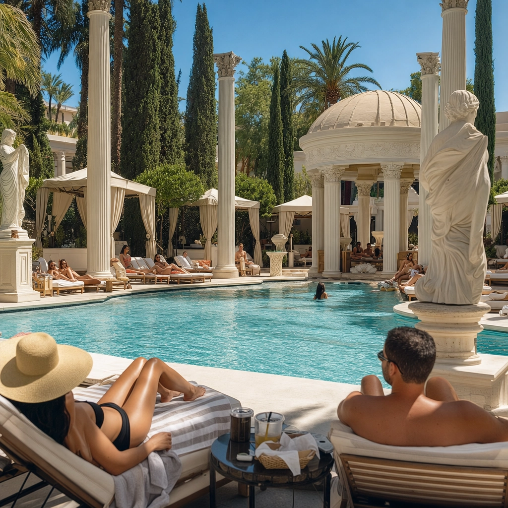 Venus Pool Club Caesars Palace Las Vegas Pool – Personal Sedan Services Intimate Greek-inspired adults-only Las Vegas pool with columns, cabanas and a relaxed sunbathing crowd at Caesars Palace