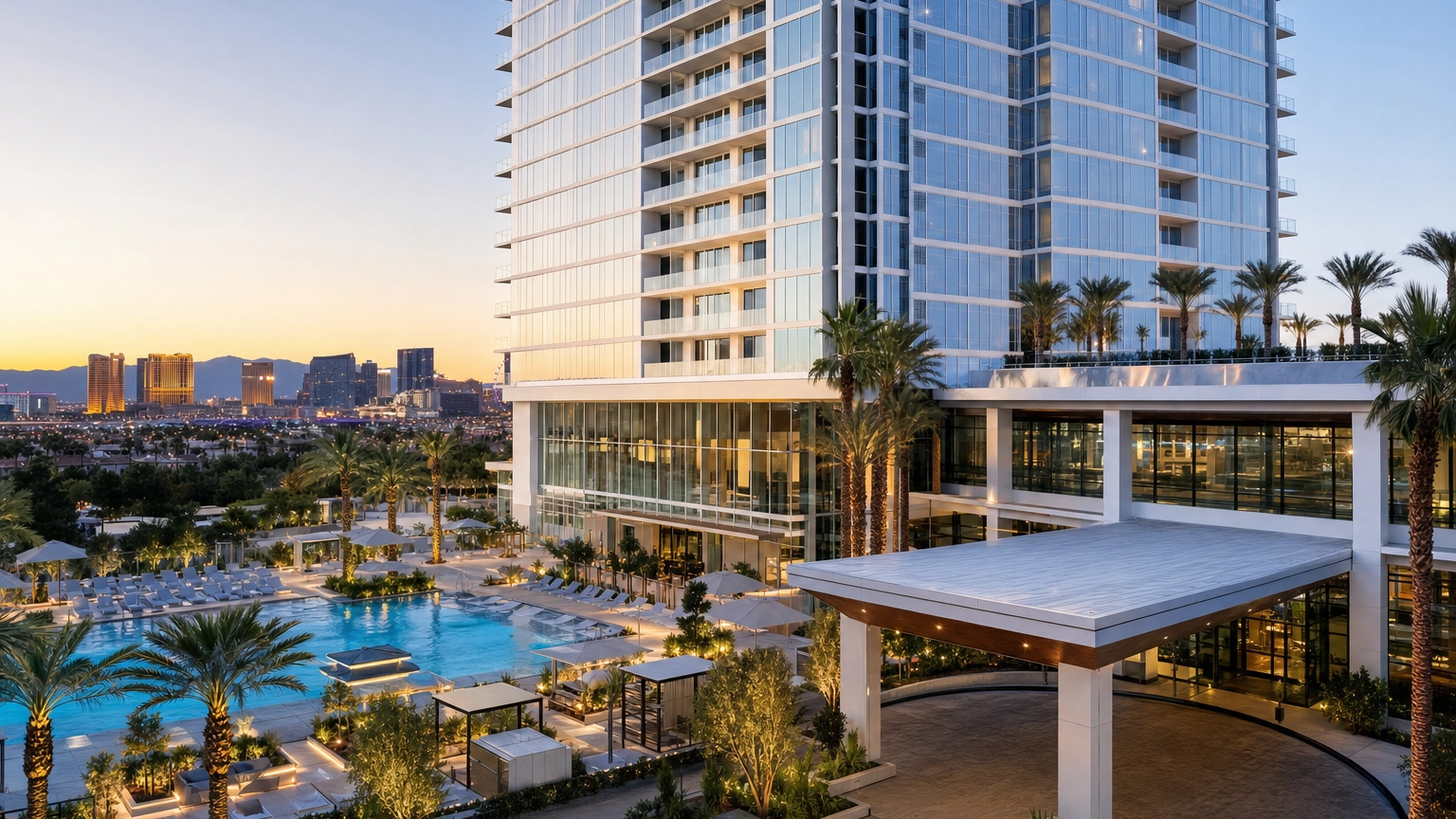 Virgin Hotels Las Vegas Off-Strip Resort Near LAS – Personal Sedan Services Stylish modern off-Strip resort tower with pool near the Las Vegas airport in early evening light