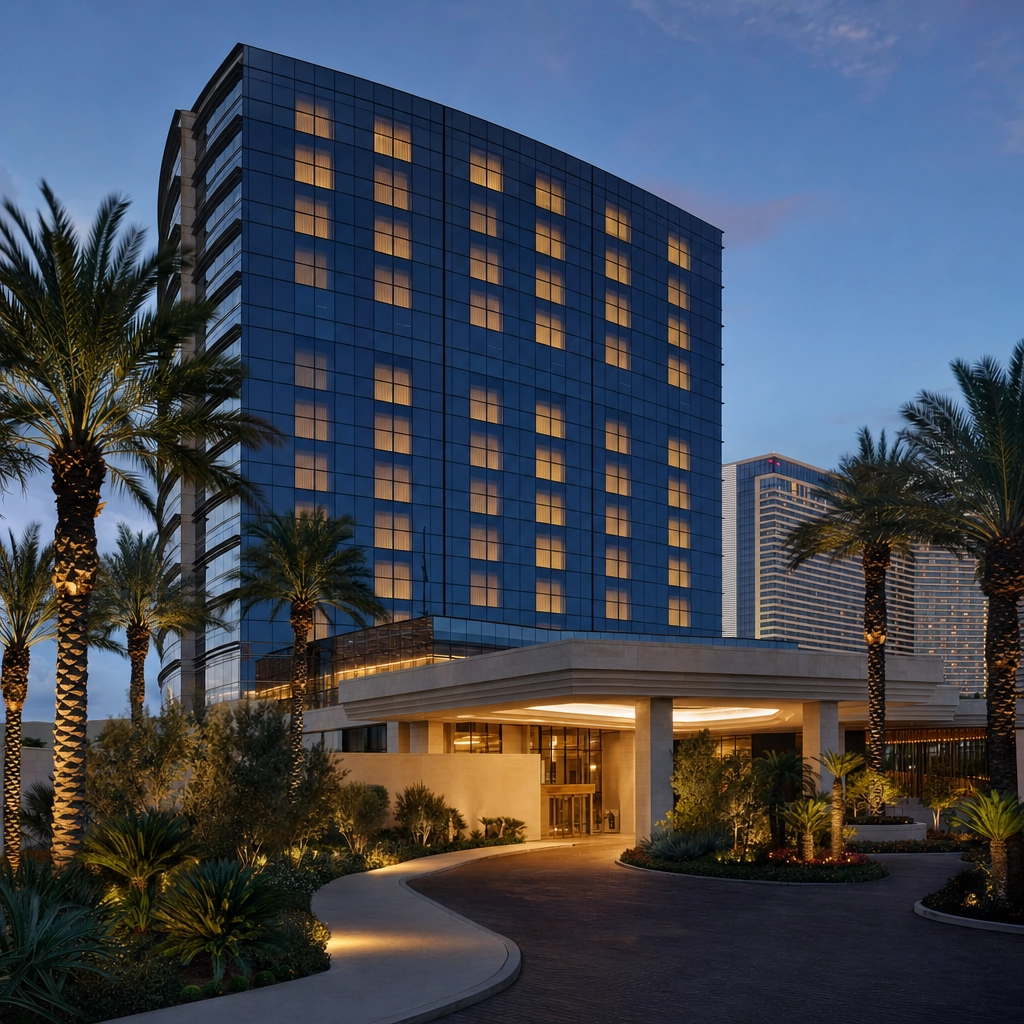 W Las Vegas All-Suite Tower On The South Strip – Personal Sedan Services Sleek design-forward all-suite hotel tower on the south Las Vegas Strip campus at twilight