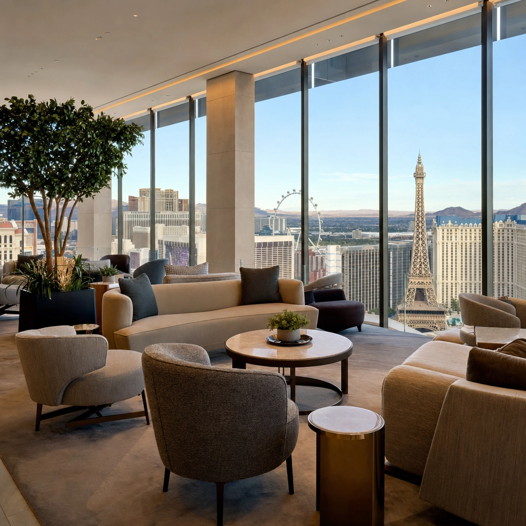 Waldorf Astoria Sky Lobby Panoramic View – Personal Sedan Services Serene high-floor casino-free luxury sky lobby with a panoramic Las Vegas Strip view, representing Waldorf Astoria