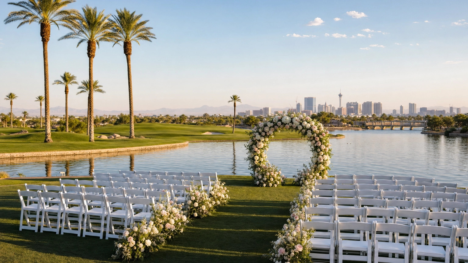 Waterfront wedding ceremony with palms and green fairways at a Las Vegas Strip golf club