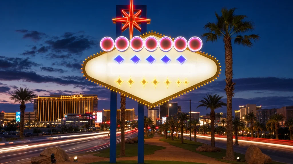 The Welcome to Fabulous Las Vegas sign glowing at dusk on the Strip, the landmark tied to Viva Las Vegas