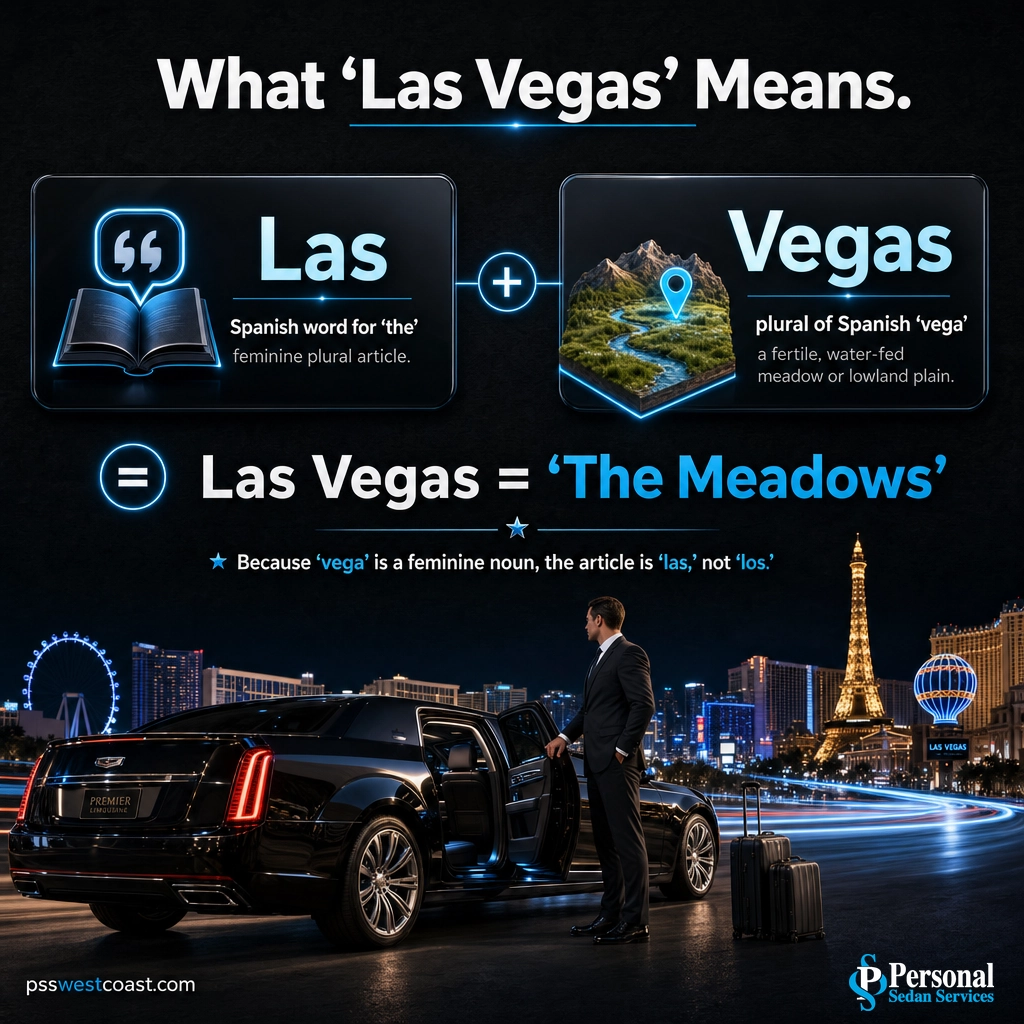 What Las Vegas Means Spanish The Meadows Definition Infographic – Personal Sedan Services Infographic breaking down Las Vegas as Spanish for the meadows, from the word vega meaning a fertile watered meadow