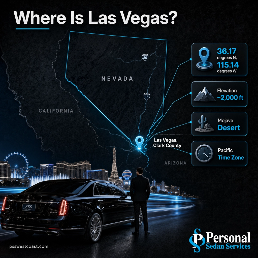 Where Las Vegas Sits In Nevada Locator Map – Personal Sedan Services Infographic locator map showing Las Vegas at the southern tip of Nevada with coordinates and elevation