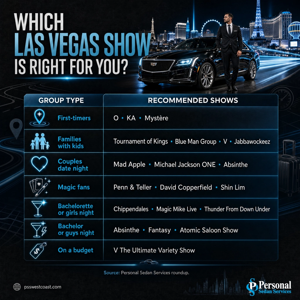 Infographic matching Las Vegas visitor group types to the best shows for first-timers, families, couples, and bachelorette parties