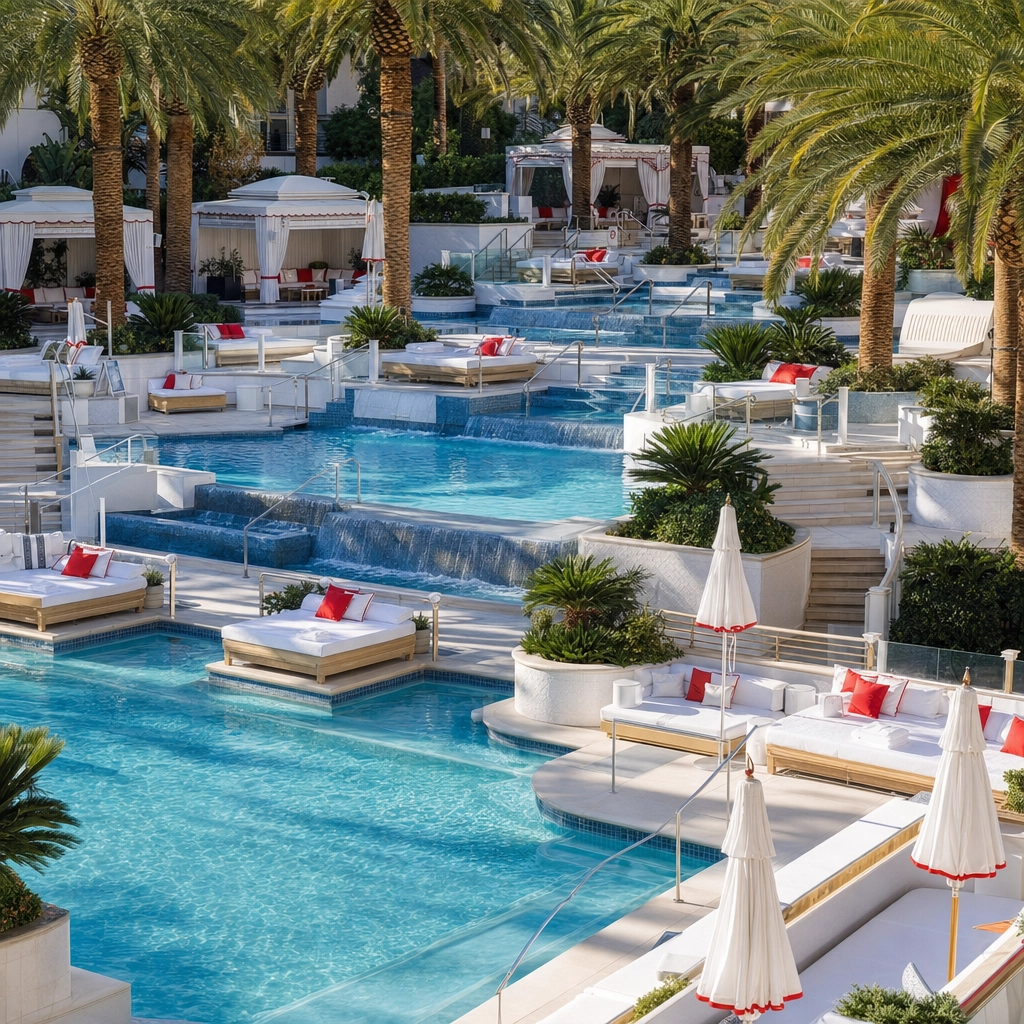 Wynn And Encore Beach Club Tiered Pools – Personal Sedan Services Tiered pools and cabanas at Encore Beach Club, Wynn Las Vegas