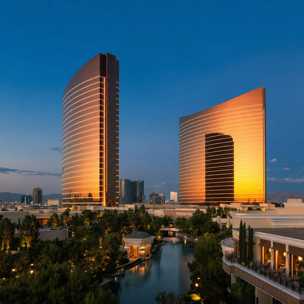 Wynn And Encore Luxury Towers At Dusk – Personal Sedan Services Two curved bronze-glass luxury hotel towers glowing at dusk over the Las Vegas Strip, representing Wynn and Encore