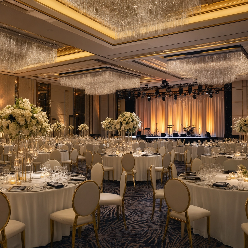 Wynn Encore Luxury Resort Ballroom Gala Setup – Personal Sedan Services Opulent Wynn-style Las Vegas five-star resort ballroom set for a black-tie gala with round tables and chandeliers