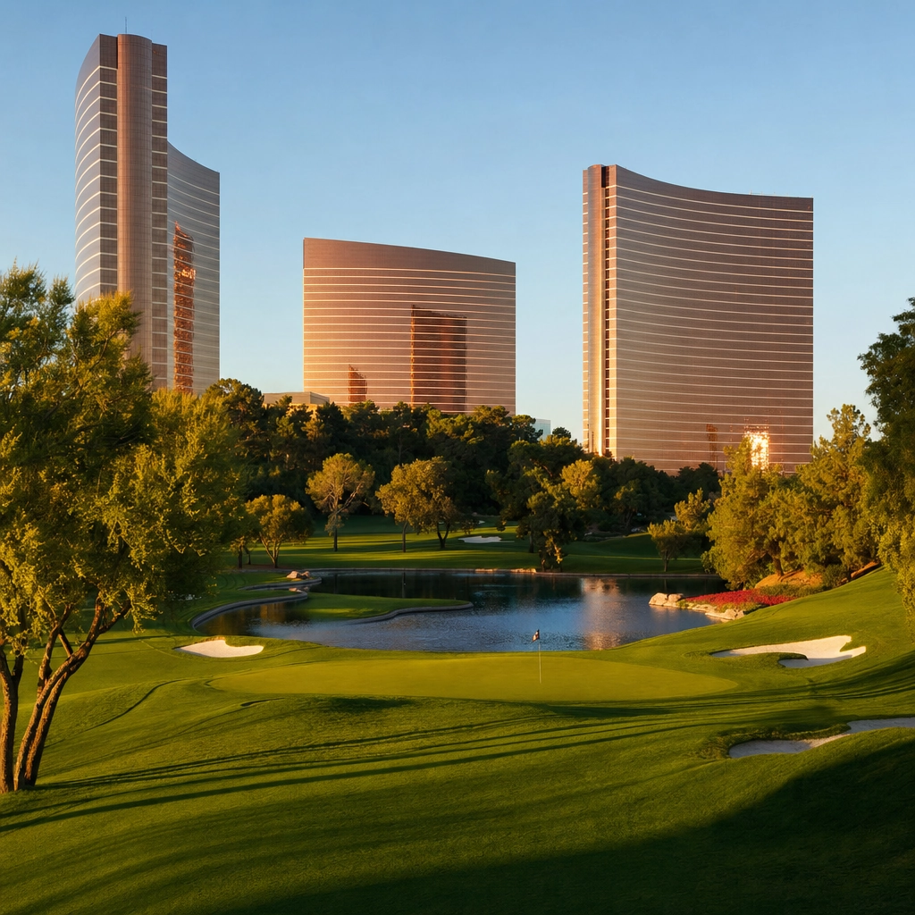 Wynn Golf Club On The Las Vegas Strip – Personal Sedan Services Wynn Golf Club fairway framed by Las Vegas Strip resort towers