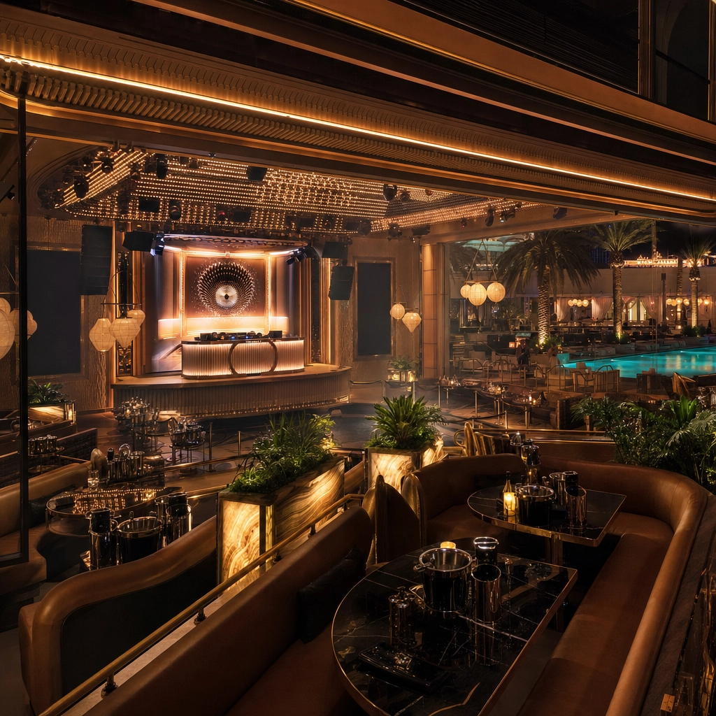 XS Nightclub Encore Wynn Gold Interior With Poolside DJ Booth – Personal Sedan Services Upscale gold-toned Las Vegas EDM megaclub interior with a glowing DJ booth opening onto a lit pool terrace