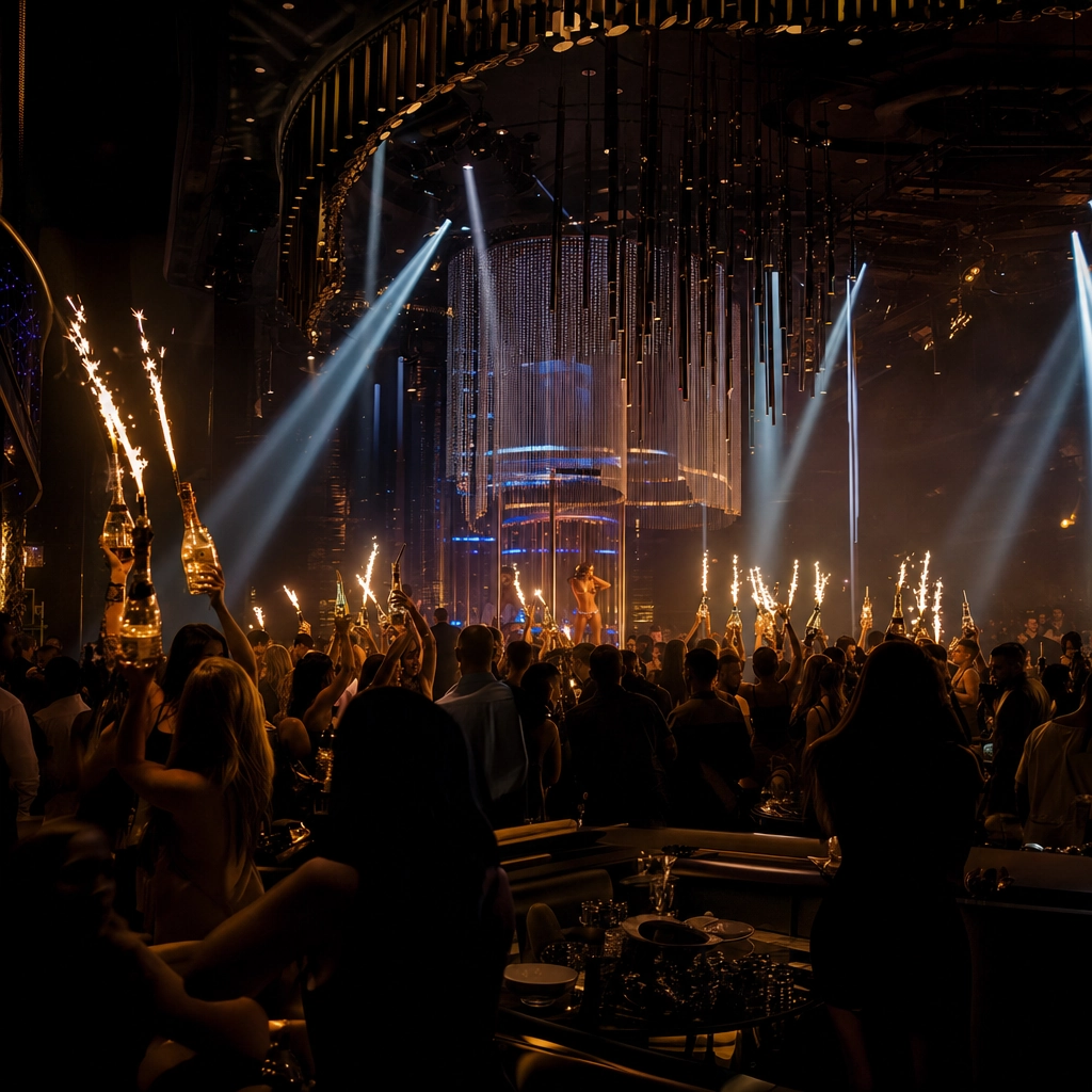 XS Nightclub Las Vegas Dance Floor – Personal Sedan Services High-energy nightclub with dramatic lighting and a crowded glowing dance floor