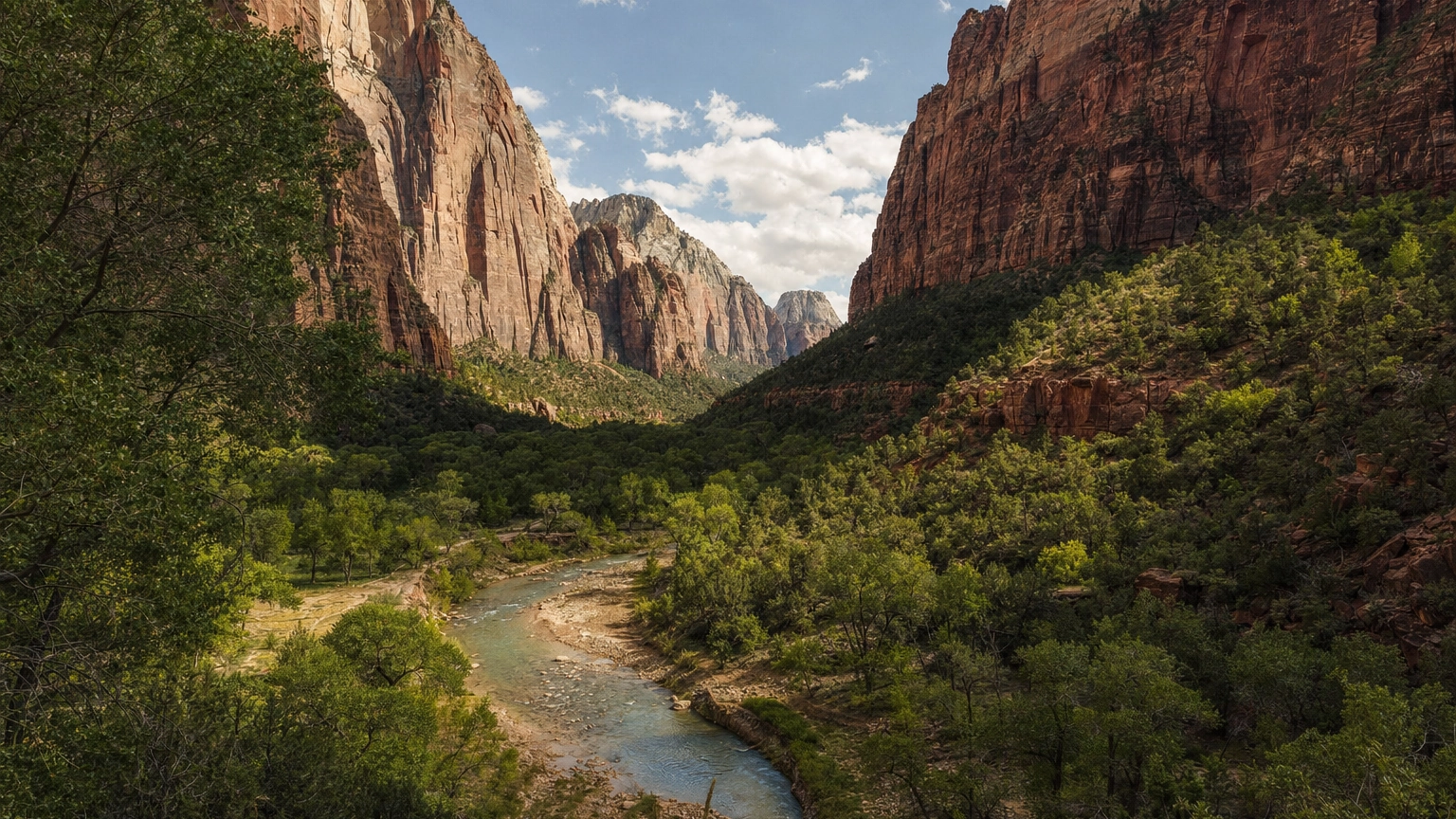 Towering cream and rust sandstone walls above the green Virgin River valley in Zion National Park near Las Vegas