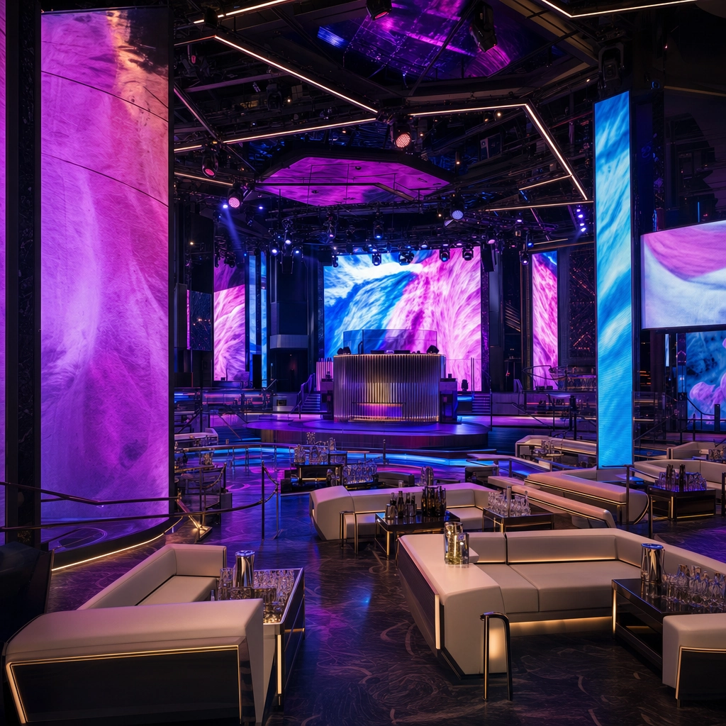 Zouk Nightclub Resorts World LED-Wrapped Main Room – Personal Sedan Services Modern Las Vegas nightclub interior wrapped in bright LED walls with a raised DJ booth at Zouk Resorts World